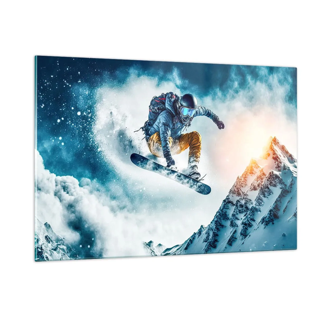 Cuadro sobre vidrio - Impresiones sobre Vidrio - Un snowboarder vuela sobre montañas nevadas. - 120x80cm - Emociones extremas - Decoración de pared moderna para salón y dormitorio ARTTOR