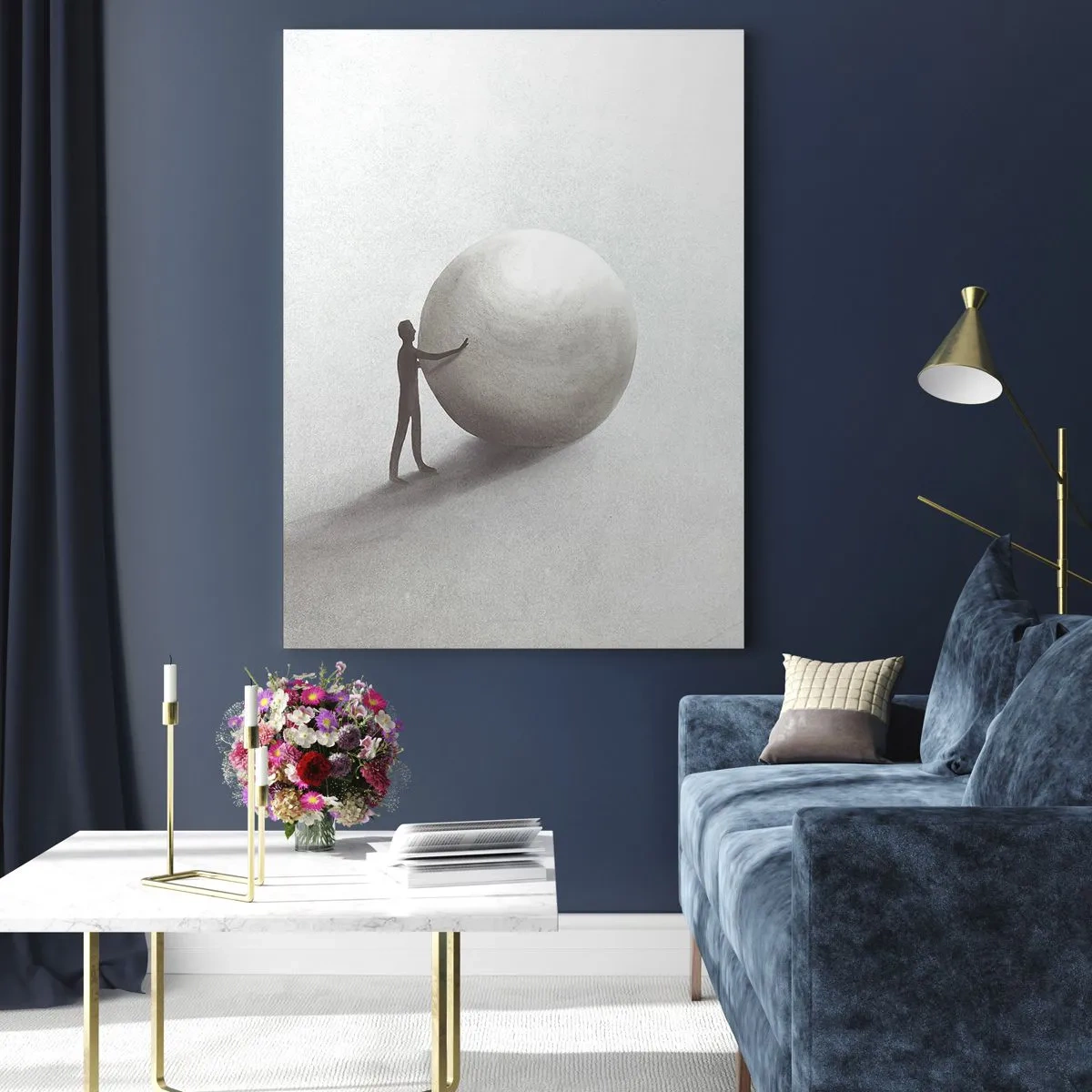 Cuadro sobre vidrio - Impresiones sobre Vidrio - Una silueta minimalista de un hombre con una pelota grande sobre un fondo claro. - 50x70cm - El juego de la vida - Decoración de pared moderna para salón y dormitorio ARTTOR