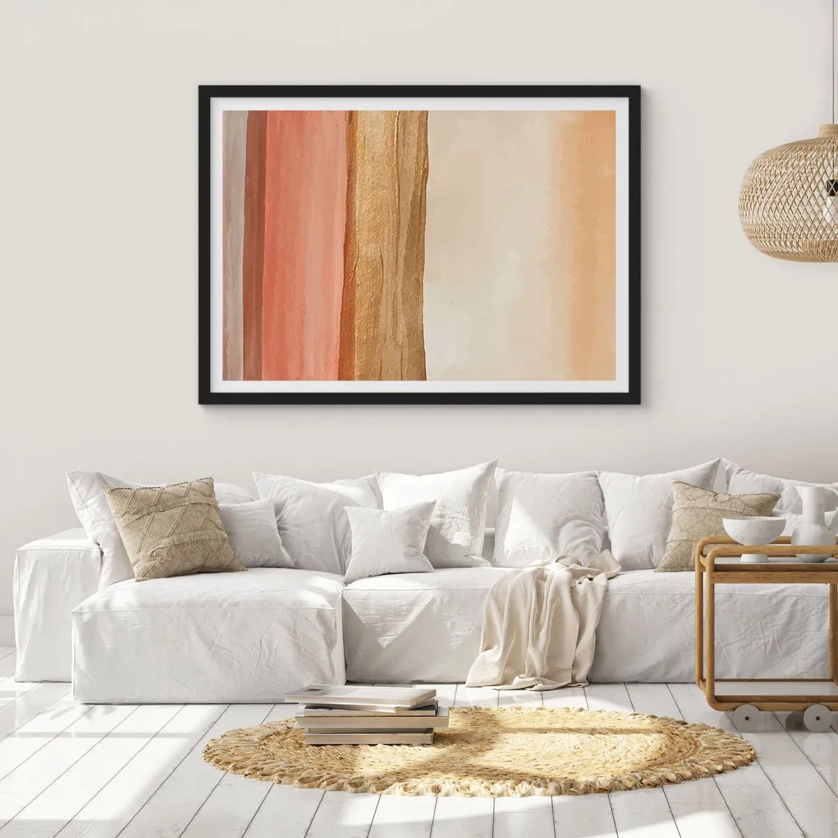 Póster en marco negro - Rayas abstractas en tonos beige, dorado y rosa sobre lienzo. - 70x50cm - Composición vertical - Decoración de pared moderna para salón y dormitorio ARTTOR
