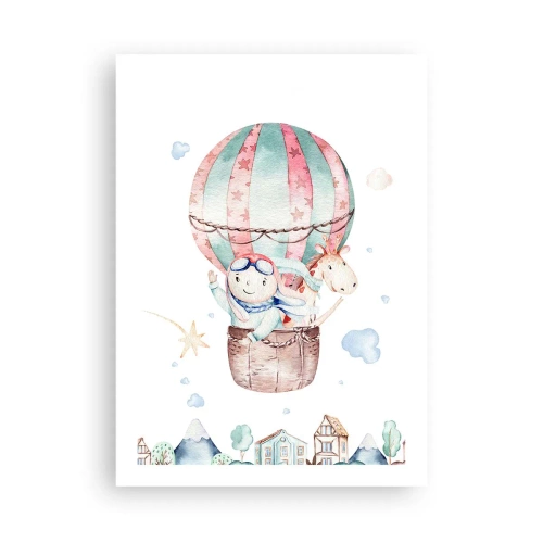 Póster - Una linda ilustración de un oso de peluche volando en un globo sobre una ciudad. - 50x70cm - Volveremos pronto - Decoración de pared moderna para salón y dormitorio ARTTOR