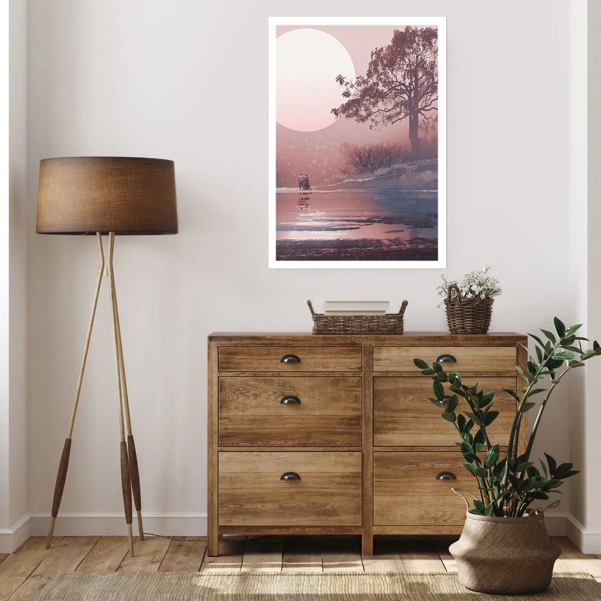 Póster - Paisaje romántico con la luna y un árbol junto al agua. - 50x70cm - Rarezas nocturnas - Decoración de pared moderna para salón y dormitorio ARTTOR