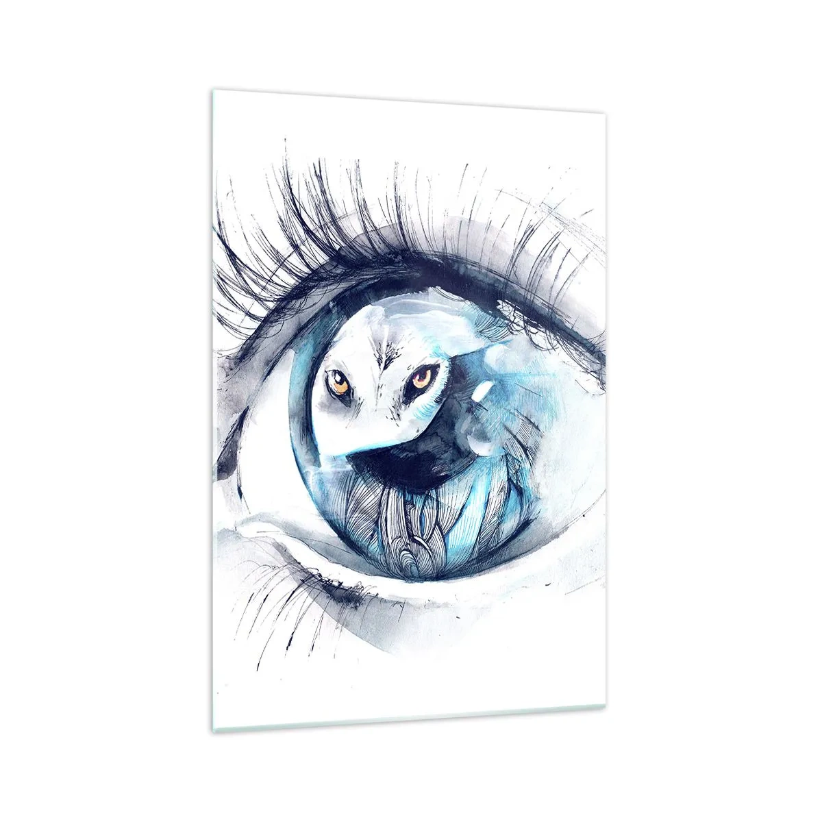 Cuadro sobre vidrio - Impresiones sobre Vidrio - Un ojo con la imagen de un búho en tonos de acuarela azul. - 70x100cm - Ojo con la naturaleza - Decoración de pared moderna para salón y dormitorio ARTTOR
