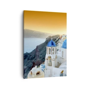 Cuadro sobre lienzo - Impresión de Imagen - Vista de Santorini con edificios blancos y mar azul. - 50x70cm - Santorini - el abrazo a las rocas - Decoración de pared moderna para salón y dormitorio ARTTOR