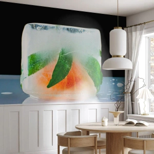 Fotomural Premium Canvas - Cubito de hielo con naranja y hojas - 100x70cm - Frescura - Decoración de pared moderna para salón y dormitorio ARTTOR