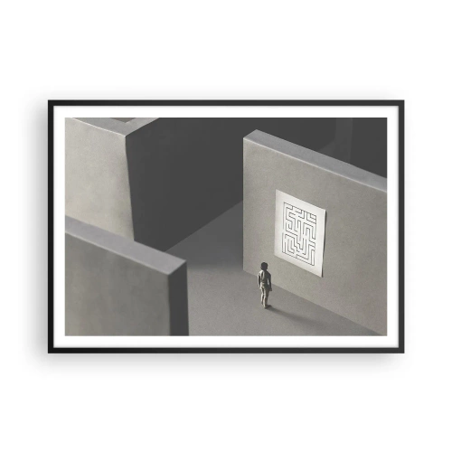 Póster en marco negro - Una figura en un laberinto mirando un mapa colgado. - 100x70cm - ¿Pero dónde estoy? - Decoración de pared moderna para salón y dormitorio ARTTOR