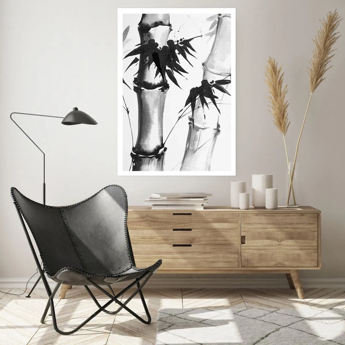 Póster - Tallos y hojas de bambú en estilo blanco y negro. - 50x70cm - Primer plano de Oriente - Decoración de pared moderna para salón y dormitorio ARTTOR
