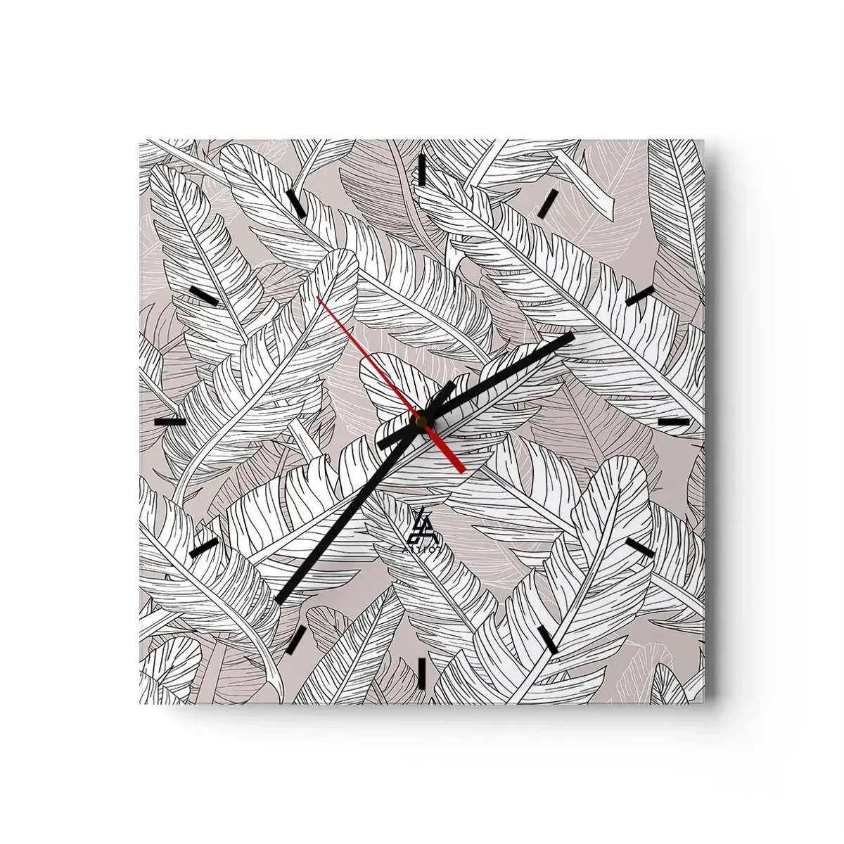 Reloj de pared - Reloj de vidrio - Patrón en blanco y negro con hojas de plátano sobre un fondo claro. - 30x30cm - Turbulencias de plumas - Decoración de pared moderna para salón y dormitorio ARTTOR