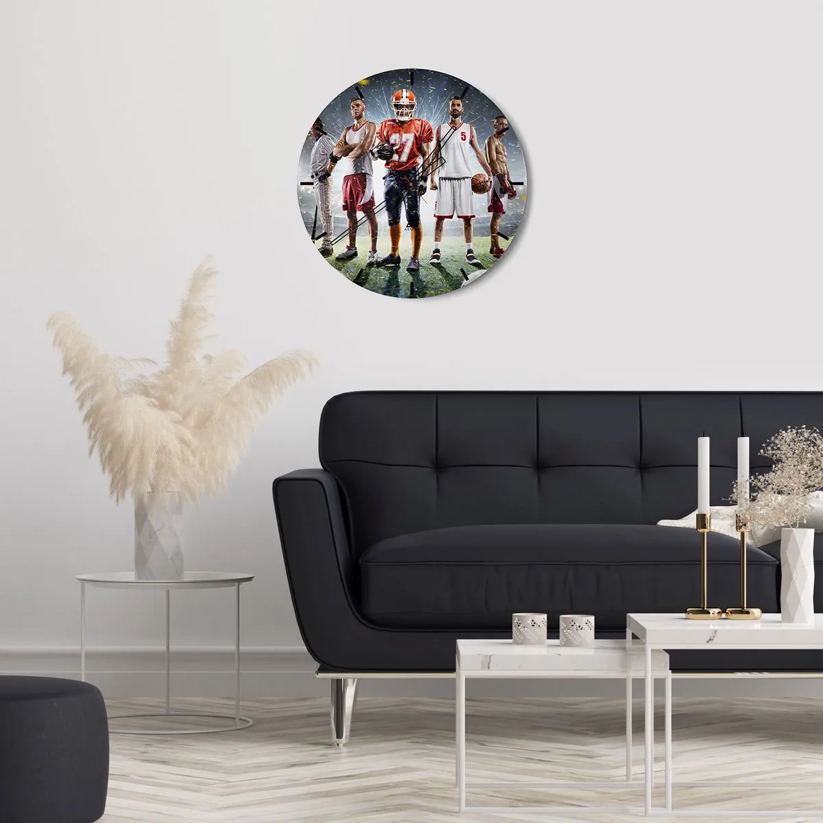 Reloj de pared - Reloj de vidrio - Un grupo de atletas con el telón de fondo de un estadio iluminado por focos. - 30x30cm - Gladiadores sobre los terrenos de juego - Decoración de pared moderna para salón, cocina y dormitorio ARTTOR