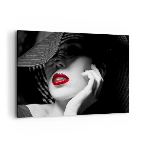 Cuadro sobre lienzo - Impresión de Imagen - Retrato en blanco y negro de una mujer con labios rojos. - 120x80cm - Estudio en escarlata - Decoración de pared moderna para salón y dormitorio ARTTOR