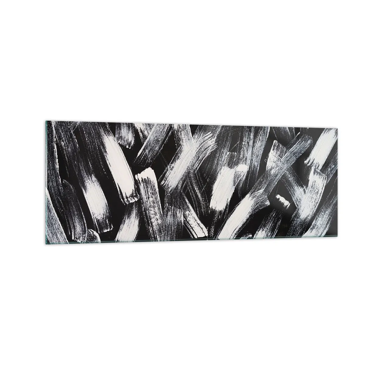 Cuadro sobre vidrio - Impresiones sobre Vidrio - Abstracción dinámica con pinceladas blancas sobre fondo negro. - 140x50cm - Abstracción en el espíritu industrial - Decoración de pared moderna para salón y dormitorio ARTTOR