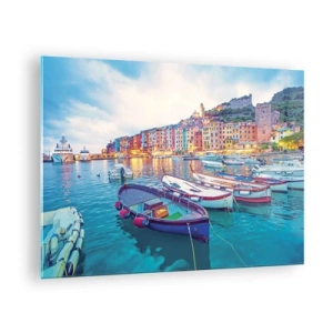 Cuadro sobre vidrio - Impresiones sobre Vidrio - Vista nocturna de Cinque Terre con sus coloridos edificios. - 70x50cm - Una noche colorida en el puerto - Decoración de pared moderna para salón y dormitorio ARTTOR