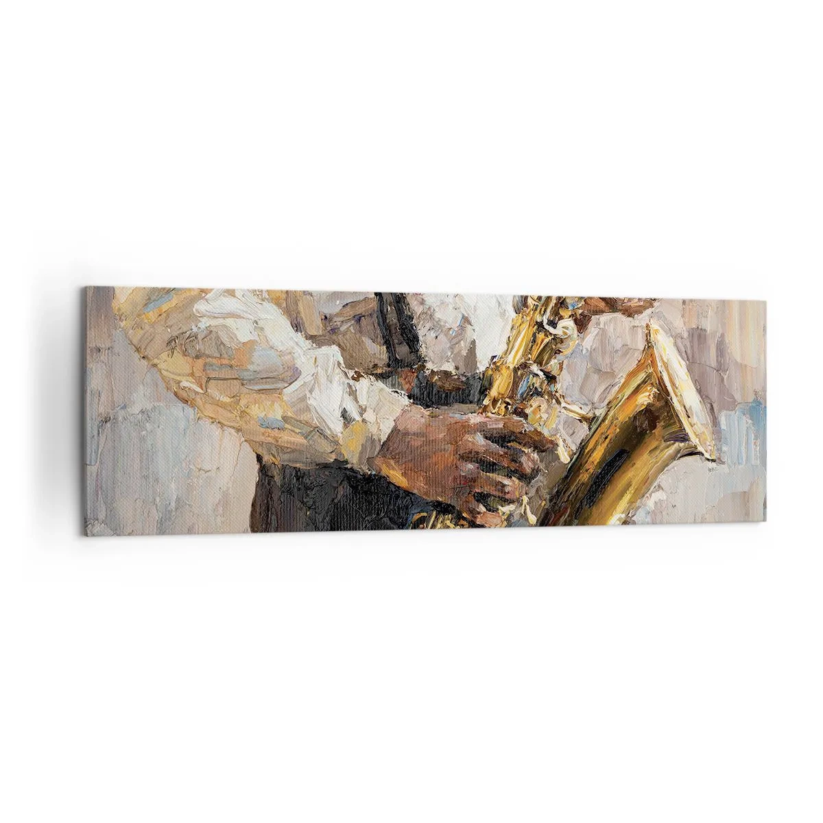 Cuadro sobre lienzo - Impresión de Imagen - Un músico tocando el saxofón con un estilo artístico. - 160x50cm - Llegó el momento del solo - Decoración de pared moderna para salón y dormitorio ARTTOR