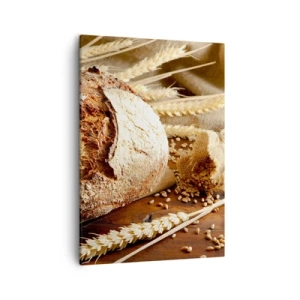 Cuadro sobre lienzo - Impresión de Imagen - Pan crujiente con cereales y espigas de trigo sobre un fondo de madera - 50x70cm - Apetitoso, fragante, crujiente - Decoración de pared moderna para salón y dormitorio ARTTOR