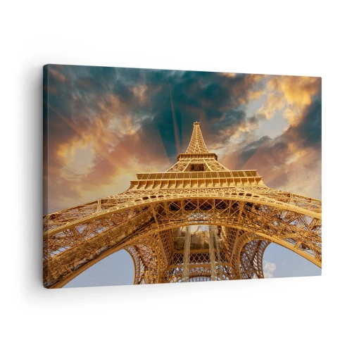 Cuadro sobre lienzo - Impresión de Imagen - La Torre Eiffel desde abajo con el sol poniente como telón de fondo - 70x50cm - Mientras la humanidad alcanza el cielo - Decoración de pared moderna para salón y dormitorio ARTTOR