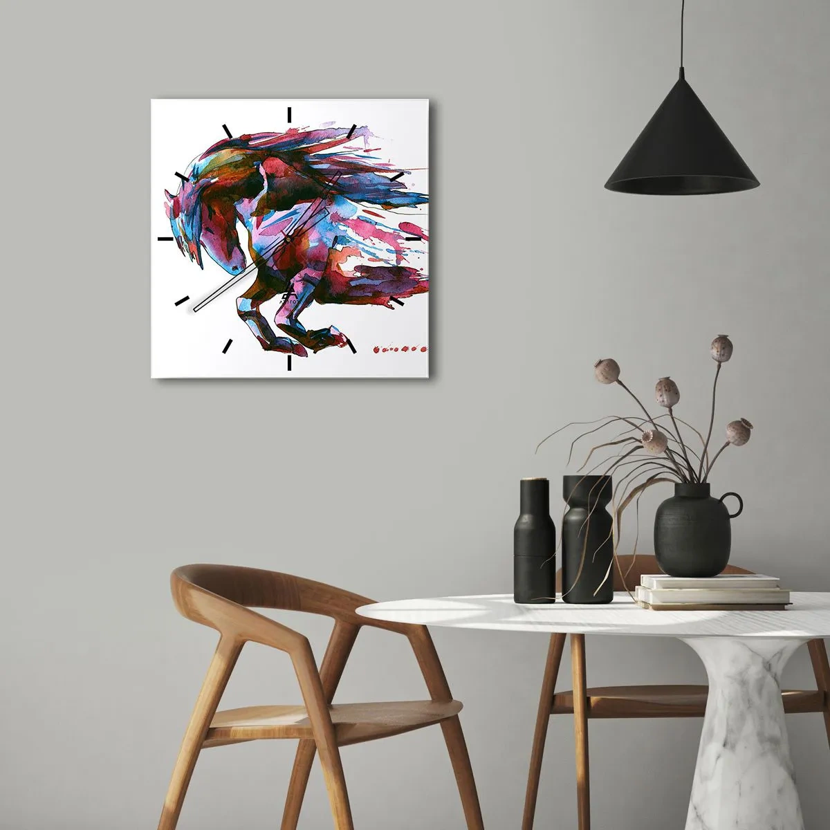 Reloj de pared - Reloj de vidrio - Un caballo en colores abstractos dinámicos que simboliza la libertad. - 30x30cm - En éxtasis - Decoración de pared moderna para salón y dormitorio ARTTOR