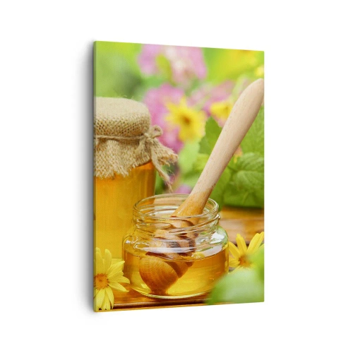 Cuadro sobre lienzo - Impresión de Imagen - Tarros de miel con flores sobre el fondo de un jardín de verano. - 50x70cm - Dulce y floral - Decoración de pared moderna para salón y dormitorio ARTTOR