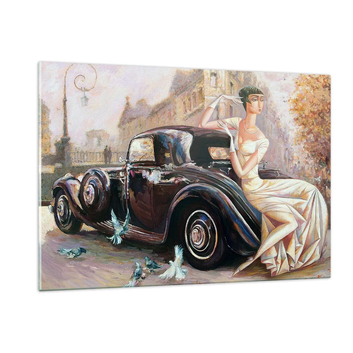Cuadro sobre vidrio - Impresiones sobre Vidrio - Mujer elegante junto a un coche retro en un entorno urbano - 120x80cm - Elegancia retro - Decoración de pared moderna para salón y dormitorio ARTTOR
