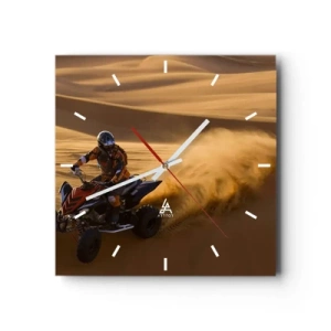 Reloj de pared - Reloj de vidrio - Un motociclista en un quad acelerando por las dunas de arena del desierto. - 30x30cm - Sobre las olas de la arena - Decoración de pared moderna para salón y dormitorio ARTTOR