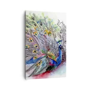 Cuadro sobre lienzo - Impresión de Imagen - Un pavo real en un colorido estilo de acuarela con plumas abstractas. - 80x120cm - Con orgullo contra el gris  - Decoración de pared moderna para salón y dormitorio ARTTOR