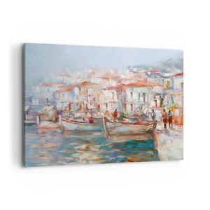 Cuadro sobre lienzo - Impresión de Imagen - Impresión portuaria con barcos y edificios - 100x70cm - Vacaciones en colores pastel - Decoración de pared moderna para salón y dormitorio ARTTOR