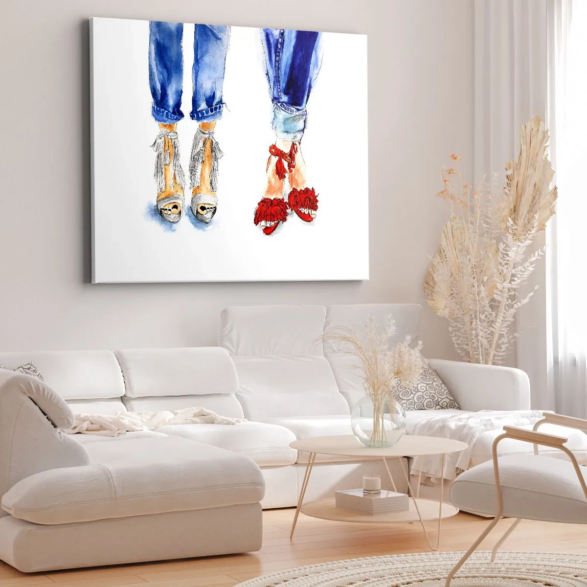 Cuadro sobre lienzo - Impresión de Imagen - Ilustración de dos pares de zapatos con elegantes sandalias y jeans. - 70x50cm - ¿Por qué no vamos a dar un paseo? - Decoración de pared moderna para salón y dormitorio ARTTOR