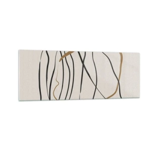 Cuadro sobre vidrio - Impresiones sobre Vidrio - Líneas artísticas en negro y dorado sobre un fondo claro. - 140x50cm - Composición: danza lineal - Decoración de pared moderna para salón y dormitorio ARTTOR