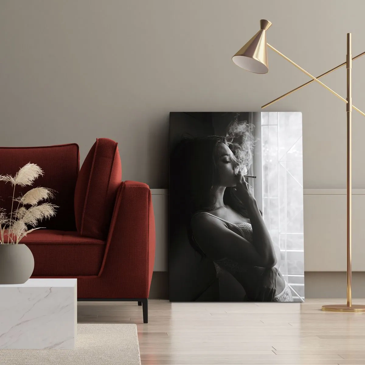 Cuadro sobre lienzo - Impresión de Imagen - Una mujer en una pose sensual en una fotografía en blanco y negro. - 50x70cm - Un momento sensual - Decoración de pared moderna para salón y dormitorio ARTTOR