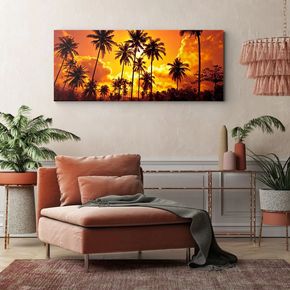 Cuadro sobre lienzo - Impresión de Imagen - Palmeras contra un cielo dorado durante una puesta de sol tropical - 160x50cm - Las montañas arden, los bosques arden - Decoración de pared moderna para salón y dormitorio ARTTOR