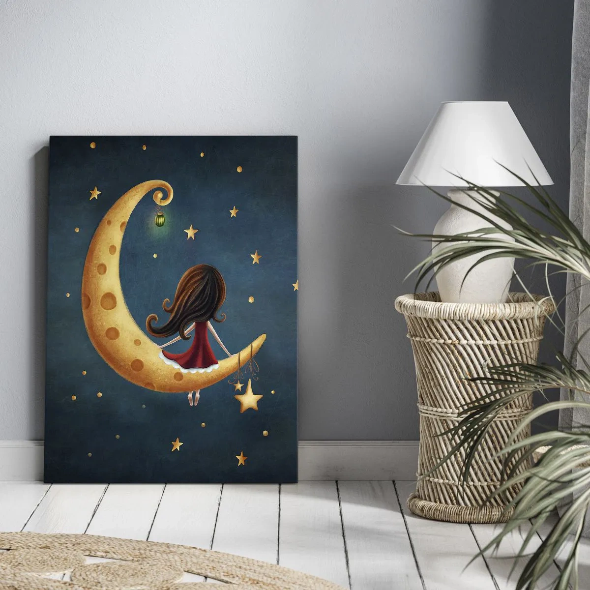 Cuadro sobre lienzo - Impresión de Imagen - Una niña en la luna rodeada de estrellas. - 50x70cm - Érase una vez... - Decoración de pared moderna para salón y dormitorio ARTTOR