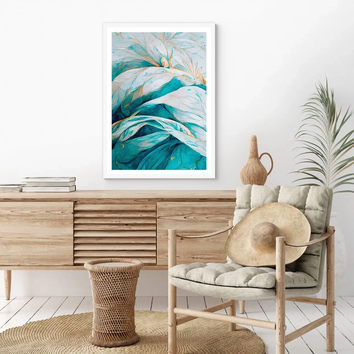 Póster en marco blanco - Abstracción azul con motivos dorados - 70x100 cm