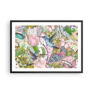 Póster en marco negro - Colibríes y mariposas coloridos entre las plantas. - 70x50cm - Enredado en las vides - Decoración de pared moderna para salón y dormitorio ARTTOR