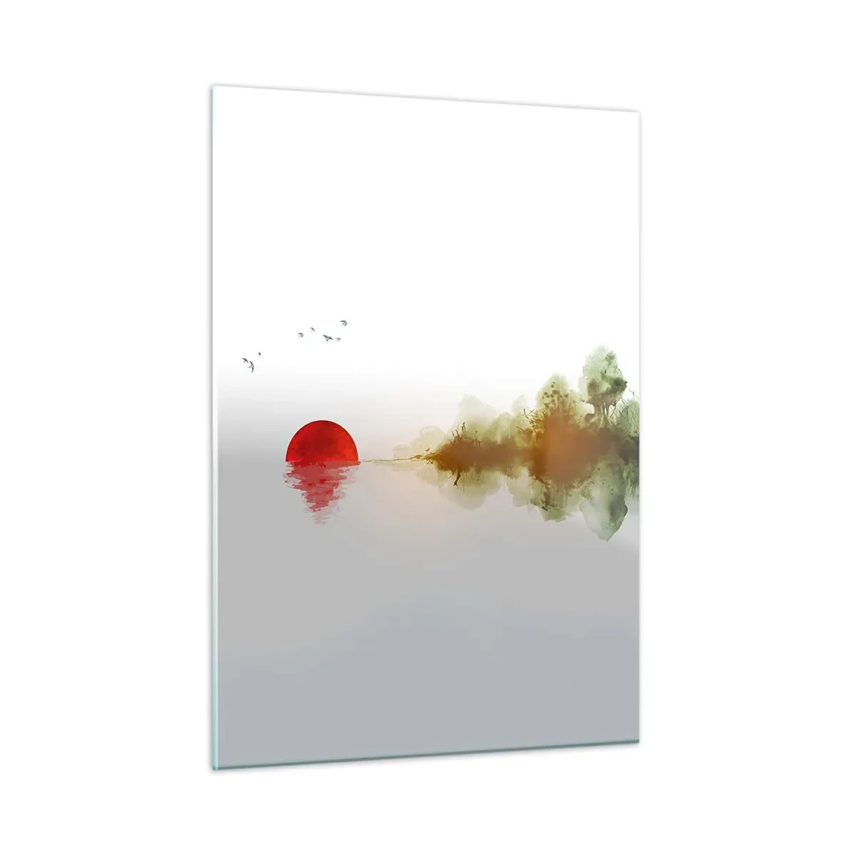 Cuadro sobre vidrio - Impresiones sobre Vidrio - Sol rojo sobre el agua y el contorno del bosque. - 50x70cm - Una promesa de paz - Decoración de pared moderna para salón y dormitorio ARTTOR