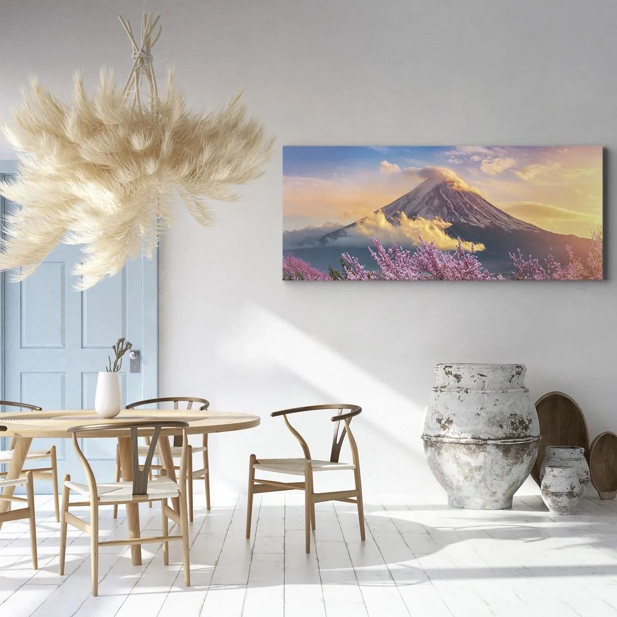 Cuadro sobre lienzo - Impresión de Imagen - Monte Fuji con flores de cerezo al fondo al atardecer - 120x50cm - La santidad japonesa - Decoración de pared moderna para salón y dormitorio ARTTOR