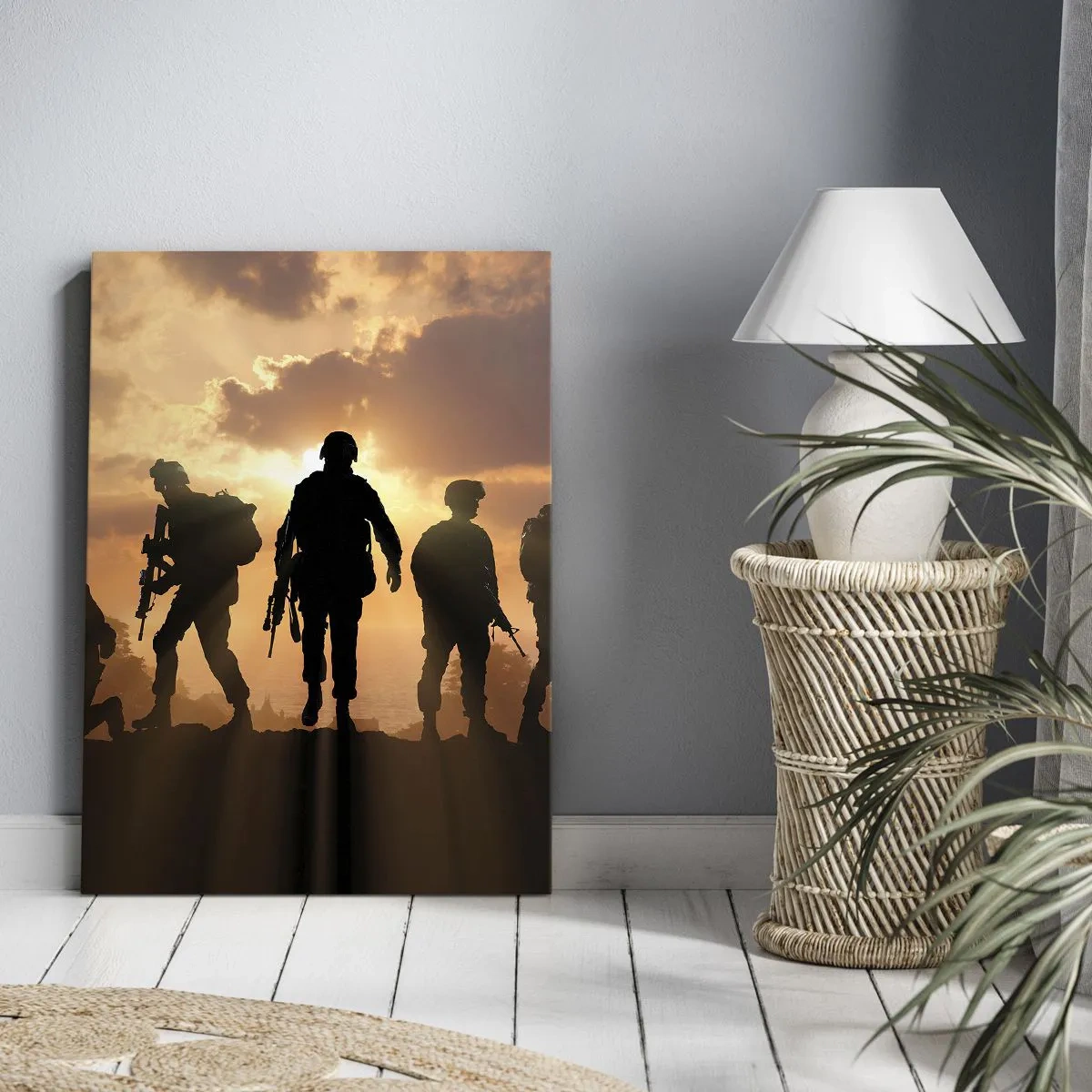 Cuadro sobre lienzo - Impresión de Imagen - Soldados con el sol poniente como telón de fondo en un entorno dinámico. - 50x70cm - Hermanos de armas - Decoración de pared moderna para salón y dormitorio ARTTOR