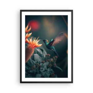 Póster en marco negro - Un colibrí colorido cerca de flores entre la vegetación. - 50x70cm - Una vida verdaderamente colorida - Decoración de pared moderna para salón y dormitorio ARTTOR