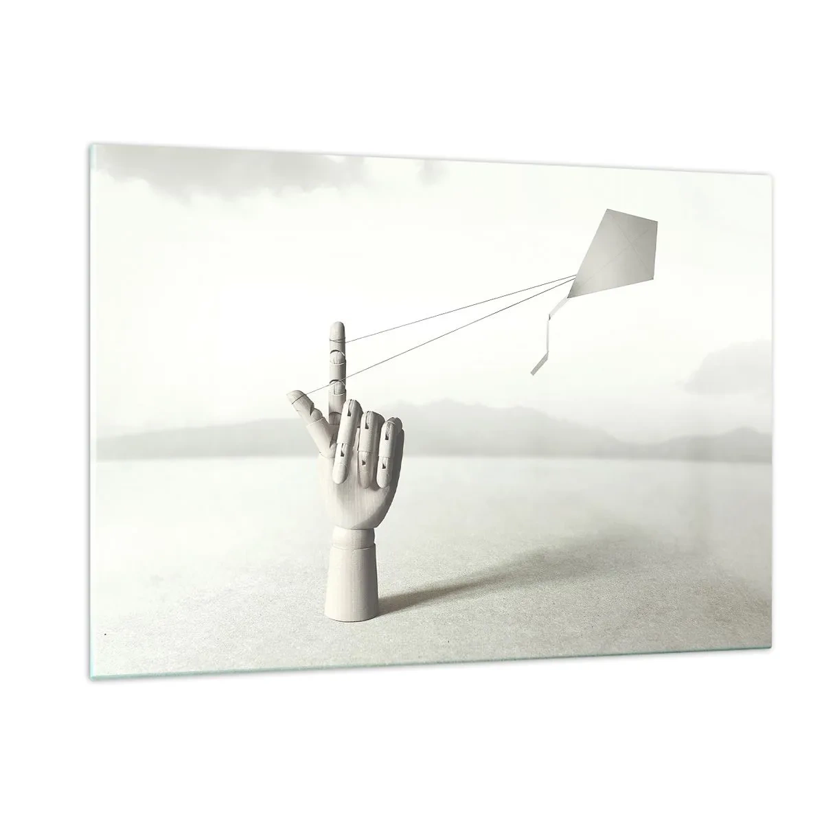 Cuadro sobre vidrio - Impresiones sobre Vidrio - Una mano de madera que sostiene una cometa flotante en su dedo. - 120x80cm - Una prueba de fuerza - Decoración de pared moderna para salón y dormitorio ARTTOR