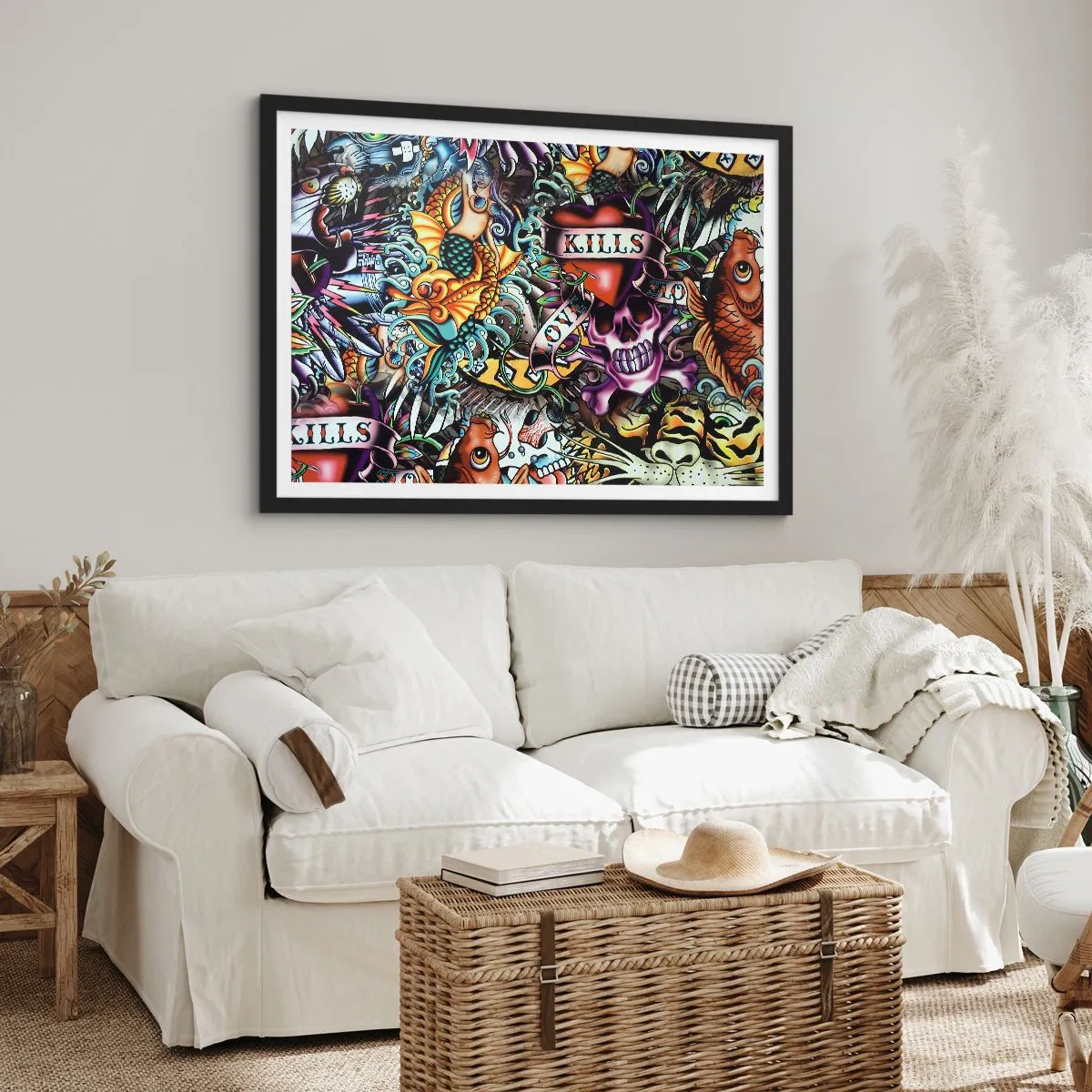 Póster en marco negro - Obra de arte colorida estilo tatuaje con calaveras y motivos náuticos. - 70x50cm - El sueño de un tatuador - Decoración de pared moderna para salón y dormitorio ARTTOR