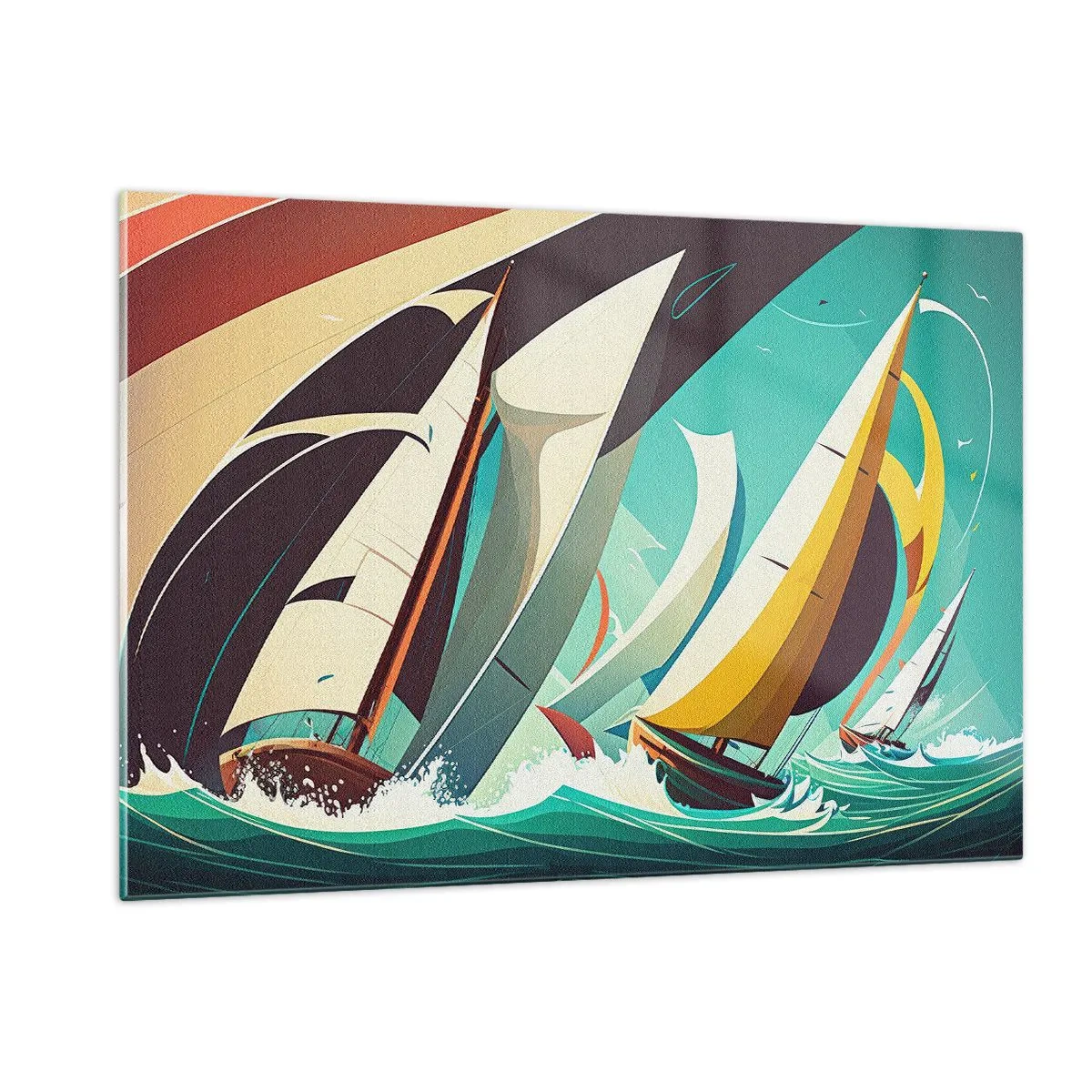 Cuadro sobre vidrio - Impresiones sobre Vidrio - Ilustración de estilo retro de veleros en un mar tempestuoso - 120x80cm - Afrontar los elementos - Decoración de pared moderna para salón y dormitorio ARTTOR