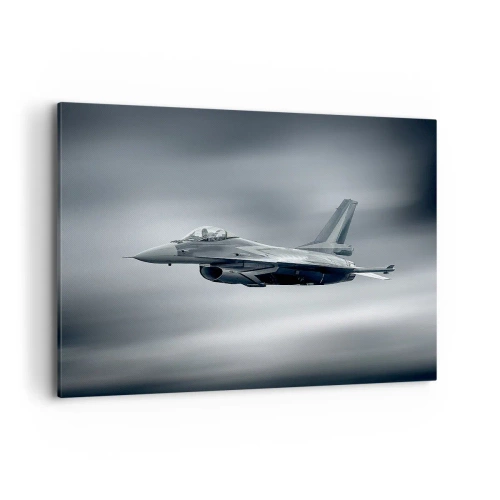 Cuadro sobre lienzo - Impresión de Imagen - Un avión de combate en vuelo contra un cielo nublado. - 120x80cm - ¿Quieres un reto? - Decoración de pared moderna para salón y dormitorio ARTTOR