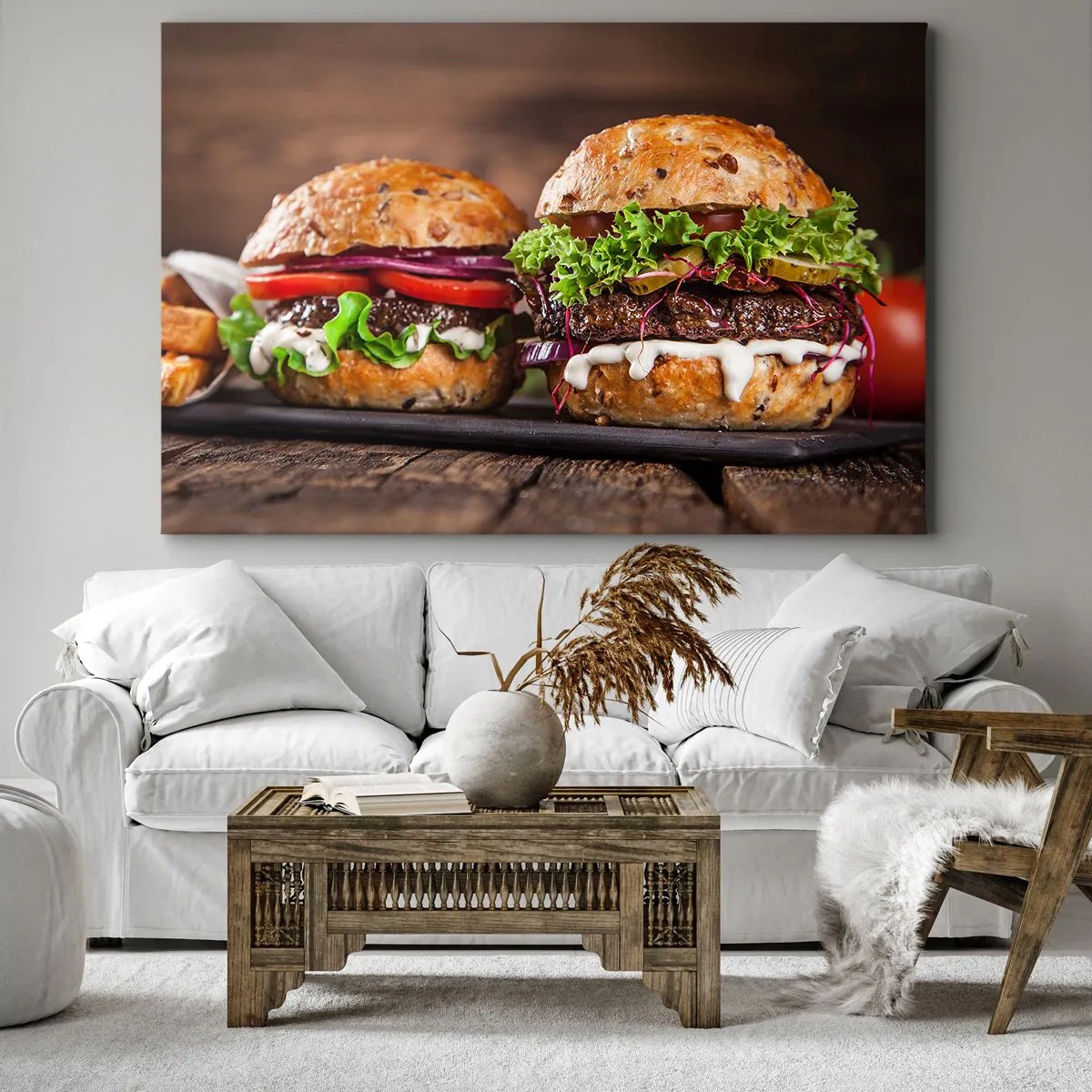 Cuadro sobre lienzo - Impresión de Imagen - Deliciosas hamburguesas con verduras y salsa. - 120x80cm - El sueño americano - Decoración de pared moderna para salón y dormitorio ARTTOR