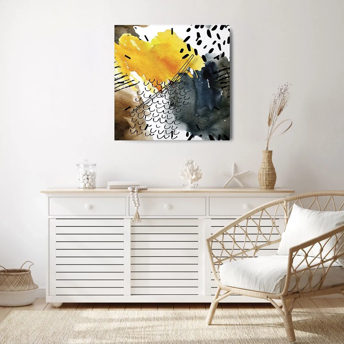 Reloj de pared - Reloj de vidrio - Una composición abstracta con acentos amarillos y patrones gráficos. - 30x30cm - Reunión de los elementos - Decoración de pared moderna para salón y dormitorio ARTTOR