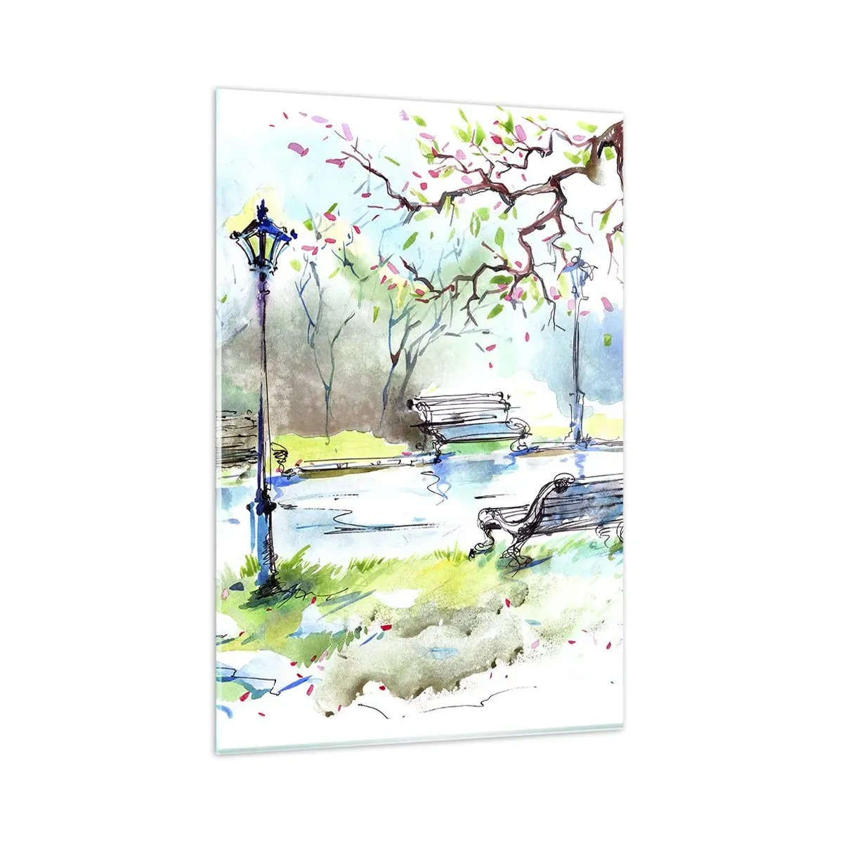 Cuadro sobre vidrio - Impresiones sobre Vidrio - Escena de parque de acuarela con bancos y lámparas. - 80x120cm - El encanto del silencio del parque - Decoración de pared moderna para salón y dormitorio ARTTOR