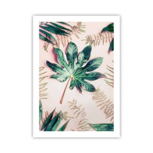 Póster - Hojas en varios tonos de verde sobre un fondo rosa. - 50x70cm - Estudio de vegetación sobre fondo rosa - Decoración de pared moderna para salón y dormitorio ARTTOR