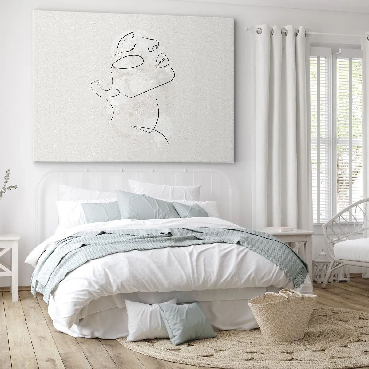 Cuadro sobre lienzo - Impresión de Imagen - Un boceto minimalista de una cara sobre un fondo claro. - 120x80cm - Contorno de un sueño - Decoración de pared moderna para salón y dormitorio ARTTOR