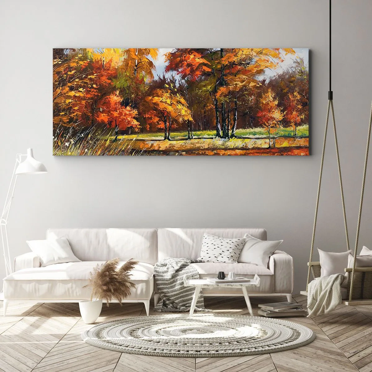 Cuadro sobre lienzo - Impresión de Imagen - Paisaje otoñal con árboles coloridos y un estanque. - 120x50cm - Paisaje en dorado y marrón - Decoración de pared moderna para salón y dormitorio ARTTOR