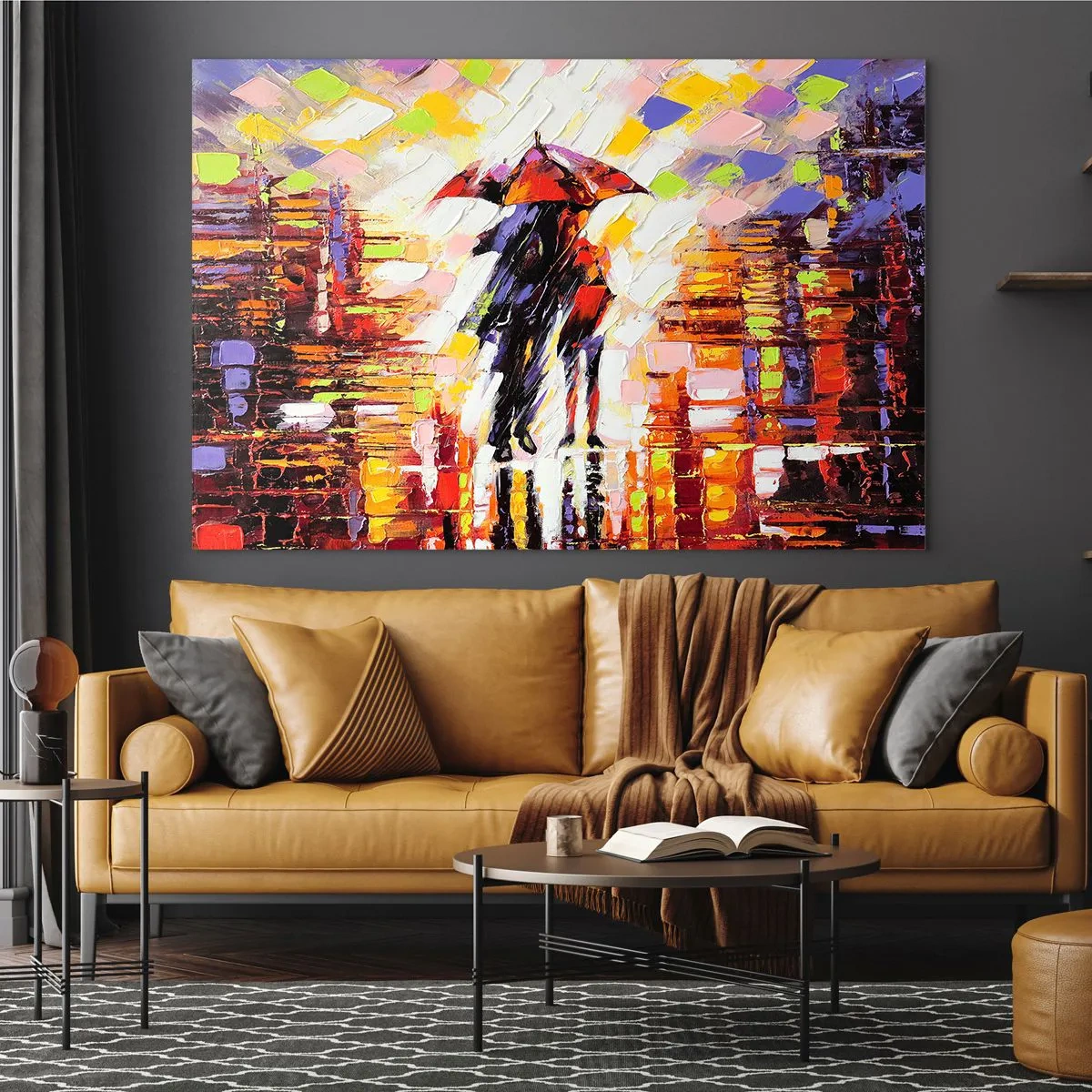 Cuadro sobre vidrio - Impresiones sobre Vidrio - Una pareja bajo un paraguas rojo en una ciudad colorida. - 100x70cm - Juntos a través de la noche y la lluvia - Decoración de pared moderna para salón y dormitorio ARTTOR