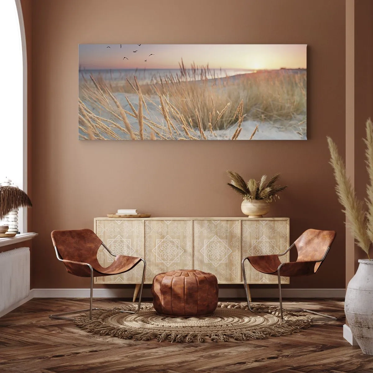 Cuadro sobre lienzo - Impresión de Imagen - Playa al atardecer con hierbas altas - 160x50cm - Dulce nana del Báltico - Decoración de pared moderna para salón y dormitorio ARTTOR