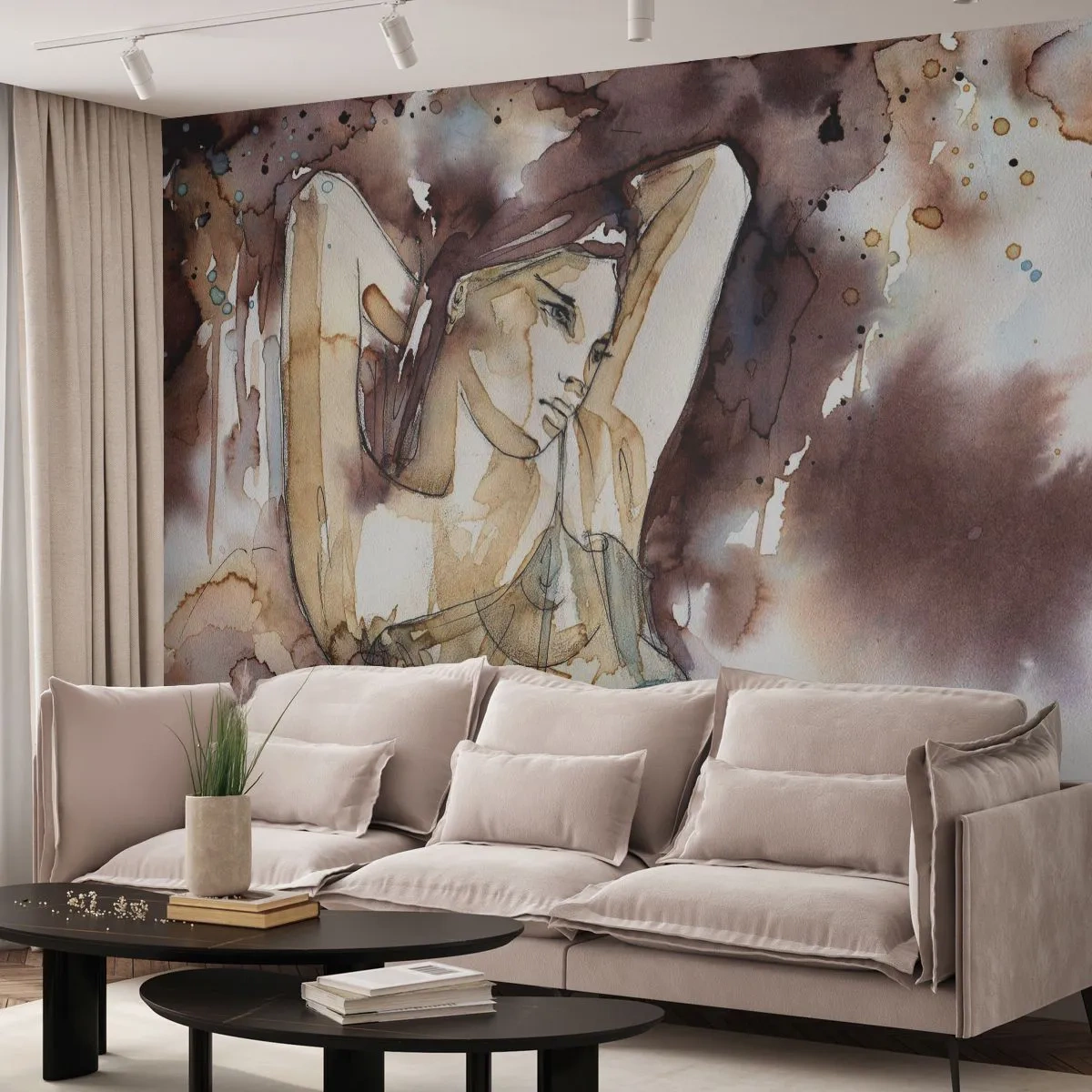 Fotomural Premium Sand - Ilustración en acuarela de una mujer en pose relajante. - 100x70cm - En un estado de ánimo armónico - Decoración de pared moderna para salón y dormitorio ARTTOR