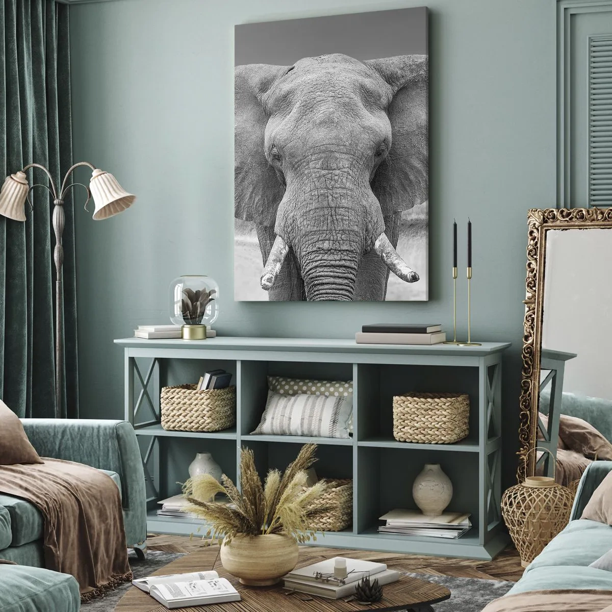 Cuadro sobre lienzo - Impresión de Imagen - Retrato de un elefante en blanco y negro - 50x70cm - Bienvenido a mi mundo - Decoración de pared moderna para salón y dormitorio ARTTOR