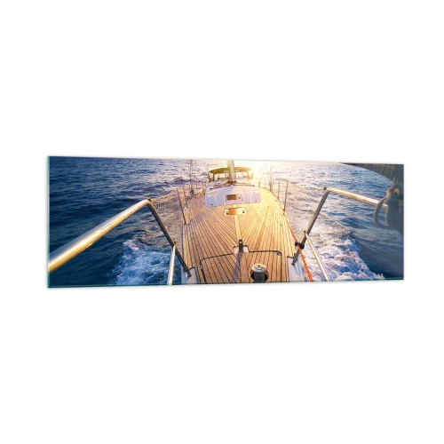 Cuadro sobre vidrio - Impresiones sobre Vidrio - Yate en el mar durante la puesta de sol - 160x50cm - Corriendo sobre las olas - Decoración de pared moderna para salón y dormitorio ARTTOR